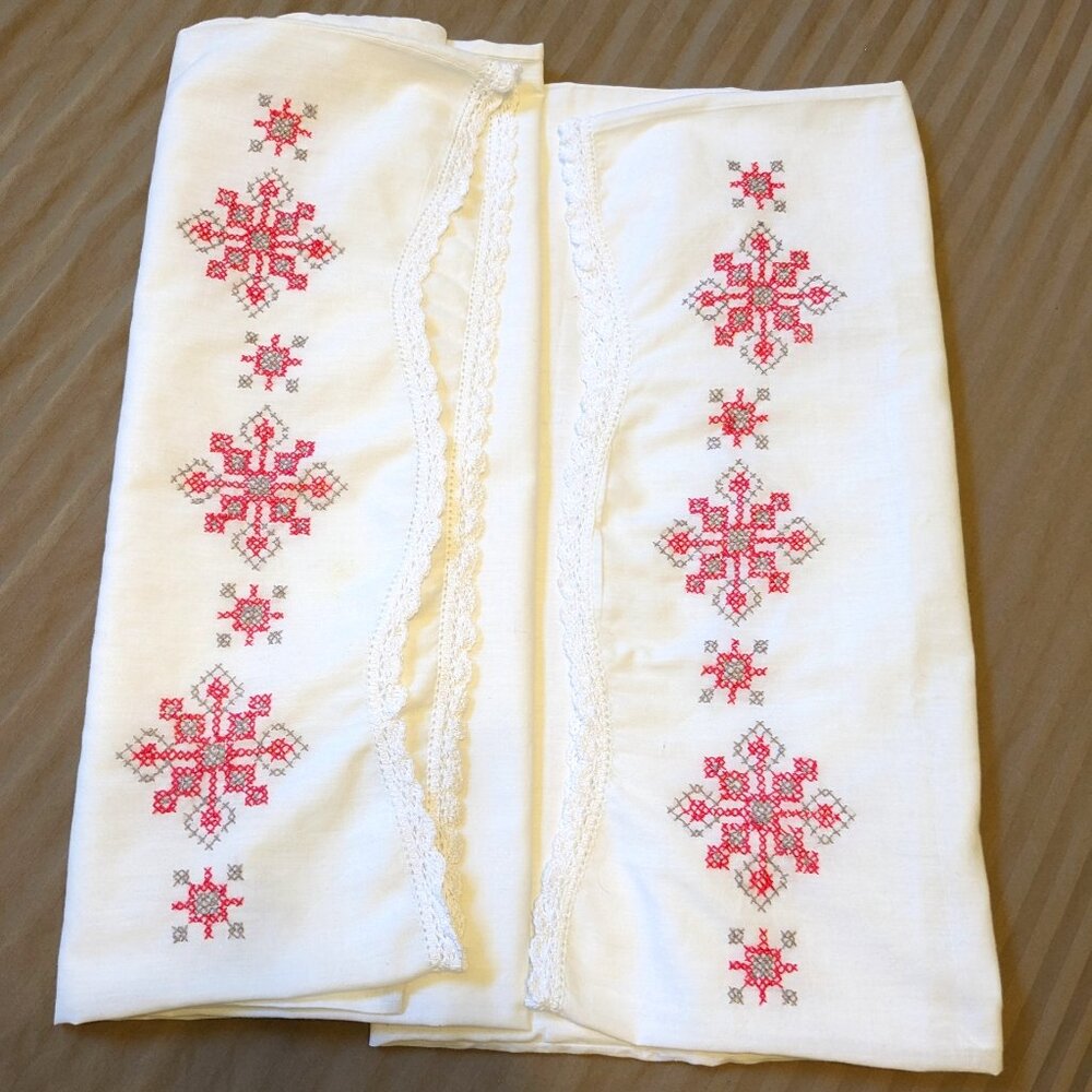Hand Crochet Lace and Cross Stitch Pillow Cases 2 piece set